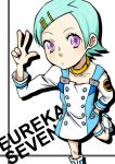  blue_hair collar eureka eureka_7 eureka_seven eureka_seven_(series) flat_chest hair_ornament hairclip hntk pink_eyes short_hair solo v 