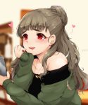  1girl bangs blunt_bangs blush brown_hair cardigan cellphone chin_rest commentary_request eyebrows hair_bun hand_on_own_chin heart highres holding holding_phone idolmaster idolmaster_cinderella_girls indoors jewelry kamiya_nao long_hair necklace open_mouth phone red_eyes ryuu. sitting smartphone thick_eyebrows wavy_hair 