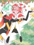  2others androgynous antlers blush capelet carrying christmas christmas_ornaments christmas_tree colored_eyelashes crystal_hair easty elbow_gloves embarrassed eyebrows_visible_through_hair eyes_visible_through_hair fur_trim gem_uniform_(houseki_no_kuni) gloves golden_arms green_eyes green_hair hand_on_another&#039;s_shoulder hat houseki_no_kuni long_bangs looking_at_viewer multiple_others necktie phosphophyllite princess_carry red_eyes redhead santa_hat scarf shinsha_(houseki_no_kuni) short_hair white_skin 