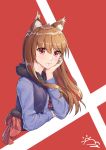  1girl animal_ear_fluff animal_ears blue_shirt brown_hair duoyu_zhuan_qing fur_trim hand_on_own_cheek highres holo long_hair long_sleeves looking_at_viewer pouch red_background red_eyes shirt simple_background smile solo spice_and_wolf very_long_hair wolf_ears 