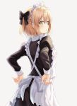  1girl alternate_costume apron bangs black_bow blonde_hair blush bow bowtie enmaided eyebrows_visible_through_hair fate/grand_order fate_(series) frilled_apron frills hair_between_eyes hair_bow hair_ornament juliet_sleeves long_sleeves looking_at_viewer maid maid_apron maid_headdress nonono okita_souji_(fate) okita_souji_(fate)_(all) open_mouth puffy_sleeves short_hair simple_background solo standing waist_apron white_apron white_background yellow_eyes 