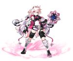  1girl armor artist_request black_gloves black_hairband boots clenched_hand closed_mouth elsword eternity_winner_(elsword) full_body gauntlets gloves hairband jacket_on_shoulders knee_boots laby_(elsword) long_hair looking_at_viewer mirror nisha_(elsword) official_art pink_eyes shorts smile solo transparent_background white_coat white_footwear white_hair 