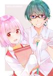  1boy 1girl blue_eyes bob_cut copyright_name employee_uniform glasses green_hair lavender_hair menu mina_(mina_k_13) red_eyes shinjou_akane shirt short_hair ssss.gridman uniform utsumi_shou waiter waitress white_shirt 