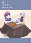  2girls :3 akagashi_hagane alternate_eye_color bangs black_capelet blue_hair bowl braid brooch capelet cat commentary_request cover doremy_sweet dress eyebrows_visible_through_hair feathered_wings food french_braid fruit grey_jacket hair_between_eyes hat indoors jacket jewelry kishin_sagume long_sleeves looking_at_viewer multiple_girls nightcap open_clothes open_jacket orange outline paper paper_stack pencil plaid pom_pom_(clothes) purple_dress red_hat short_hair silver_hair single_wing sitting table touhou translation_request turtleneck unmoving_pattern violet_eyes white_dress white_outline white_wings wing_collar wings 