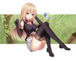  1girl :d animal arisa_(shadowverse) ass bangs bare_shoulders belt belt_buckle bird black_footwear black_gloves black_legwear black_shirt blonde_hair blush boots breasts buckle commentary_request elbow_gloves elf eyebrows_visible_through_hair gloves green_eyes hair_between_eyes head_tilt highres karin_(fineyanny) knees_up legs_crossed looking_at_viewer medium_breasts open_mouth panties pleated_skirt pointy_ears red_belt shadowverse shirt skirt sleeveless sleeveless_shirt smile solo thigh-highs thigh_boots underwear white_panties white_skirt 