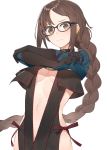  1girl bangs black-framed_eyewear black_dress black_gloves blue_shirt blush braid breasts breasts_apart brown_eyes brown_hair center_opening closed_mouth commentary_request consort_yu_(fate) cowboy_shot dress ear_piercing earrings embarrassed eyebrows_visible_through_hair fate/grand_order fate_(series) floating_hair glasses gloves hayashi_kewi jewelry long_hair medium_breasts navel piercing revealing_clothes ribbed_shirt shirt sidelocks simple_background single_braid solo stomach undressing very_long_hair wavy_mouth white_background 