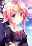  1boy 1girl :o back-to-back black_jacket blush bow bowtie chaos;child collarbone heart heart-shaped_pupils jacket miyashiro_takuru onoe_serika open_mouth pink_eyes pink_hair red_bow red_neckwear rotte_(1109) sailor_collar short_hair_with_long_locks sidelocks symbol-shaped_pupils white_sailor_collar 