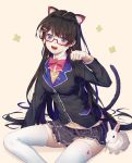  1girl :d animal animal_ear_fluff animal_ears bangs bespectacled black_hair black_jacket black_skirt blazer blue_eyes blush bow bowtie breasts brown_sweater buttons cat_ears cat_tail collared_shirt commentary_request feet_out_of_frame floral_background glasses hair_ornament hair_spread_out hairclip hand_up head_tilt highres jacket ji_dao_ji kemonomimi_mode long_hair long_sleeves looking_at_viewer medium_breasts miniskirt nijisanji open_mouth paw_pose pink_neckwear rabbit red-framed_eyewear semi-rimless_eyewear shirt sidelocks simple_background sitting skirt smile solo sweater tail teeth thigh-highs tsukino_mito very_long_hair virtual_youtuber white_legwear white_shirt wing_collar yellow_background zettai_ryouiki 