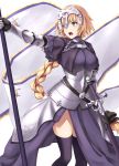  1girl :o arm_at_side armor bangs banner battle_standard black_capelet black_gloves black_legwear black_ribbon black_skirt blonde_hair blue_eyes braid breasts capelet cleavage collar enchuu fate/grand_order fate_(series) faulds feet_out_of_frame floating_hair gauntlets gloves hair_ribbon headgear holding jeanne_d&#039;arc_(fate) jeanne_d&#039;arc_(fate)_(all) large_breasts long_hair long_skirt looking_to_the_side open_mouth outstretched_arm ribbon sheath sheathed side_slit single_braid skirt solo standing sword teeth thigh-highs very_long_hair weapon 