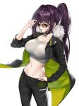  1girl adjusting_eyewear bangs black_pants blush breasts casual choker coat collarbone cowboy_shot crop_top earrings eyebrows_visible_through_hair fate/grand_order fate_(series) fur-trimmed_coat fur_trim hand_on_hip highres jewelry large_breasts long_hair looking_at_viewer navel open_clothes open_coat pants ponytail purple_hair red_eyes scathach_(fate)_(all) sidelocks simple_background solo stomach sunglasses tinted_eyewear very_long_hair white_background yagitome87 