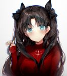  1girl black_hair black_legwear blue_eyes blush chromatic_aberration fate/stay_night fate_(series) hair_ribbon highres long_hair looking_at_viewer playing_with_own_hair ptmko_d ribbon solo sweater tohsaka_rin turtleneck two_side_up 
