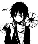  1boy anzu_(o6v6o) collarbone floral_background frown greyscale hand_on_headphones headphones headphones_around_neck high_contrast jacket jelly_(vocaloid) lowres male_focus monochrome shirt solo song_name upper_body v-shaped_eyebrows vocaloid 