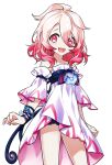  1girl :d ahoge artist_request bare_shoulders black_shorts bracelet brooch child_(elsword) collarbone cowboy_shot detached_sleeves dress elsword gradient_hair jewelry laby_(elsword) looking_at_viewer messy_hair multicolored_hair official_art open_mouth pink_eyes pink_hair sharp_teeth short_hair shorts smile solo standing teeth white_dress white_hair white_sleeves 
