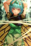  1girl antennae arms_up blue_hair breasts brown_eyes butterfly_wings commentary_request dress eternity_larva green_dress head_tilt highres large_breasts leaf leaf_on_head restrained short_hair shounen_(hogehoge) silk solo spider_web touhou wings 