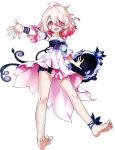 1girl :d ankle_flower artist_request bare_legs barefoot black_shorts bracelet child_(elsword) detached_sleeves dress elsword full_body gradient_hair hair_between_eyes highres jewelry laby_(elsword) messy_hair mirror multicolored_hair official_art open_mouth outstretched_hand pink_eyes pink_hair sharp_teeth short_hair shorts smile solo teeth white_dress white_hair white_sleeves 