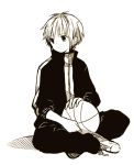  1boy anzu_(o6v6o) basketball expressionless genderswap genderswap_(ftm) gumiya gym_uniform jacket legs_crossed long_sleeves looking_to_the_side male_focus monochrome pants sepia shoes sitting solo track_jacket vocaloid white_background 
