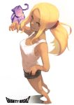  1girl animal barefoot black_cat blonde_hair cat dark_skin gravity_daze gravity_daze_2 highres jhc_kai kitten_(gravity_daze) long_hair looking_at_viewer ponytail red_eyes shirt shorts simple_background smile solo white_background 