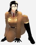  1girl belt black_gloves black_hair boots breasts closed_mouth genderswap genderswap_(mtf) gloves highres houjoh_(7th-heaven) long_hair military necktie scar sergei_dragunov solo tekken white_background 