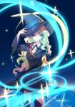  1girl aku_spirit black_dress black_footwear black_ribbon blonde_hair blue_eyes blue_hat boots diana_cavendish dress hand_on_headwear hat holding holding_wand little_witch_academia long_sleeves multicolored_hair neck_ribbon outstretched_arm ribbon short_dress solo standing thigh-highs thigh_boots wand witch_hat 