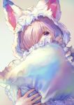  1girl alternate_costume commentary_request cosplay eyebrows_visible_through_hair fate/grand_order fate_(series) fou_(fate/grand_order) fou_(fate/grand_order)_(cosplay) grey_background hair_over_one_eye hidden_face holding holding_pillow hood hood_up lavender_hair looking_at_viewer mash_kyrielight nail_polish pillow pillow_hug pink_nails short_hair simple_background solo tocope violet_eyes 