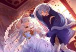  1boy 1girl anastasia_(fate/grand_order) blue_eyes curtains dancing dress fate/grand_order fate_(series) fur-trimmed_jacket fur_trim hairband jacket jewelry kadoc_zemlupus long_dress pendant petals silver_hair smile strapless strapless_dress tsengyun yellow_eyes 