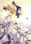  1girl :o absurdres ahoge armor artoria_pendragon_(all) bangs bare_shoulders black_ribbon blonde_hair blush breastplate collarbone detached_sleeves dress fate/grand_order fate_(series) faulds floating_hair flower gauntlets green_eyes hair_ribbon head_tilt highres lily_(flower) long_dress long_hair looking_at_viewer outstretched_arm parted_lips petals ponytail puffy_sleeves ribbon rie_(reverie) saber saber_lily scan sidelocks solo turtleneck white_background white_dress white_flower 