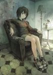  1girl black_hair brown_eyes brown_hair couch highres indoors lamp looking_at_viewer original room short_hair shorts sitting tokunaga_akimasa vase 