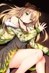  1girl ahoge bangs bare_legs bare_shoulders blush bow breasts brown_hair camouflage_jacket choker cleavage collarbone covered_navel double_bun dress eyebrows_visible_through_hair fur_trim girls_frontline green_eyes hair_between_eyes hair_bow highres jacket light_particles long_hair looking_at_viewer lying medium_breasts on_side rfb_(girls_frontline) smile solo thighs wsman 
