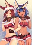  2girls :d animal_ear_fluff animal_ears ass_visible_through_thighs bandeau bangs bare_arms bare_shoulders belt black_gloves blue_hair blush breasts breasts_apart brown_hair bunny_hair_ornament calm_mashiro christmas cleavage closed_mouth commentary_request crop_top dark_skin ears_through_headwear eyebrows_visible_through_hair fur-trimmed_gloves fur-trimmed_hat fur_trim garter_straps gloves goggles goggles_on_head green_scarf groin hair_ornament hair_ribbon hairclip half-closed_eyes hand_up hat highres hound_(sekaiju) locked_arms medium_breasts midriff multiple_girls navel open_mouth orange_eyes plaid plaid_scarf red_hat red_ribbon red_shorts ribbon santa_costume santa_hat scarf scarf_pull sekaiju_no_meikyuu sekaiju_no_meikyuu_5 short_hair short_shorts shorts side-by-side sleeveless small_breasts smile snowflakes standing stomach upper_teeth 