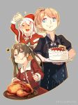  anbo blue_eyes brown_hair cake christmas drunk eating food hat highres intrepid_(kantai_collection) kantai_collection long_hair multiple_girls open_mouth ponytail santa_costume santa_hat shirt shoukaku_(kantai_collection) smile turkey_(food) white_hair zuikaku_(kantai_collection) 