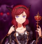  1girl bangs black_hairband black_neckwear breasts cleavage collarbone eyebrows_visible_through_hair hair_between_eyes hairband holding holding_staff horns jyon long_sleeves looking_at_viewer love_live! love_live!_school_idol_project medium_breasts nishikino_maki redhead short_hair smile solo staff swept_bangs upper_body violet_eyes 