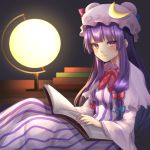 1girl blush book breasts capelet crescent desk desk_lamp dress eyelashes hat hat_ornament highres holding holding_book lamp light_smile long_dress long_hair looking_at_viewer medium_breasts mob_cap patchouli_knowledge purple_hair sitting solo striped striped_dress touhou violet_eyes yayoimaka03 