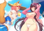 2girls :q absurdres akayan animal_ear_fluff animal_ears arms_up bangs beach_umbrella beer_mug bikini blue_bikini blue_skirt blush bracelet breasts brown_hair clouds collarbone cup day ears_through_headwear eyebrows_visible_through_hair fate/grand_order fate_(series) fox_ears fox_tail glasses hair_between_eyes hat highres holding holding_cup hood hooded_jacket huge_filesize innertube jacket jewelry large_breasts long_hair looking_at_viewer looking_back multiple_girls navel osakabe-hime_(fate/grand_order) outdoors parfait pink_hair pink_jacket see-through shirt short_sleeves side-tie_bikini skindentation skirt sky smile standing starfish sun_hat swimsuit tail tamamo_(fate)_(all) tamamo_no_mae_(swimsuit_lancer)_(fate) tongue tongue_out umbrella under_boob very_long_hair violet_eyes wet wet_clothes wet_shirt white_bikini white_shirt yellow_eyes