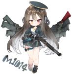  1girl bangs black_footwear black_gloves breasts brown_hair character_name chibi commentary_request elbow_gloves eyebrows_visible_through_hair fingerless_gloves full_body girls_frontline gloves green_hat green_jacket gun hair_between_eyes hair_ornament hat heterochromia holding holding_gun holding_weapon jacket kotatu_(akaki01aoki00) long_hair long_sleeves looking_at_viewer m1014 m1014_(girls_frontline) medium_breasts object_namesake red_eyes shoes shotgun simple_background solo very_long_hair weapon white_background x_hair_ornament yellow_eyes 