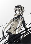  1boy antenna_hair anzu_(o6v6o) finger_gun fingerless_gloves from_side genderswap genderswap_(ftm) gloves goggles goggles_on_head greyscale gumiya jacket looking_at_viewer male_focus monochrome pointing pointing_at_viewer scarf solo vocaloid 