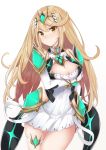  1girl absurdres armor bangs bare_shoulders blonde_hair breasts cleavage cleavage_cutout covered_navel gem gloves headpiece highres mythra_(xenoblade) large_breasts long_hair nintendo solo swept_bangs tetora_(yumejihuka) thigh_strap tiara xenoblade_(series) xenoblade_2 yellow_eyes 