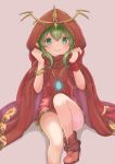  1girl akina_(akn_646) bracelet chiki cloak closed_mouth dress fire_emblem fire_emblem:_mystery_of_the_emblem fire_emblem_heroes green_eyes green_hair hood hood_up jewelry mamkute nintendo pointy_ears short_dress simple_background sitting smile solo stone tiara 