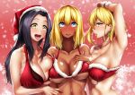  3girls :d arm_up armpits bikini black_hair blonde_hair blue_eyes blush breast_press breasts cleavage dark_skin earrings fur_trim grin hat highres jewelry long_hair looking_at_viewer mole mole_under_mouth multiple_girls open_mouth original red_bikini santa_hat short_hair smile swimsuit symmetrical_docking tama_(tamakaka1031) teeth tongue yellow_eyes 