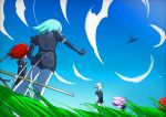  5others absurdres androgynous aqua_hair blue_sky clouds crystal_hair elbow_gloves from_below gem_uniform_(houseki_no_kuni) gloves goshenite_(houseki_no_kuni) grass highres houseki_no_kuni long_hair morganite_(houseki_no_kuni) multiple_others necktie outdoors outstretched_arm padparadscha_(houseki_no_kuni) phosphophyllite pink_hair redhead scenery shinsha_(houseki_no_kuni) short_hair silver_hair sky sword weapon white_hair white_skin 