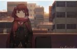  1girl alternate_costume artist_name bangs black_coat black_jacket blush breasts breathing cityscape coat day eyebrows_visible_through_hair girls_frontline hair_ribbon hands_in_pockets hentaki jacket large_breasts long_hair one_side_up open_clothes open_coat open_mouth outdoors purple_hair red_eyes red_neckwear red_scarf ribbon scarf shirt solo very_long_hair wa2000_(girls_frontline) weapon_bag white_shirt 