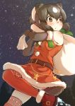  1girl alternate_costume animal_ears bare_shoulders bear_ears bear_tail belt blush boots brown_bear_(kemono_friends) brown_hair commentary_request elbow_gloves eyebrows_visible_through_hair fur_trim gloves highres kemono_friends kemono_friends_festival multicolored_hair okyao sack santa_costume short_hair sky sleeveless solo star_(sky) starry_sky tail thigh-highs white_hair zettai_ryouiki 