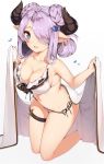  1girl :d bangs bare_arms bare_legs bare_shoulders bikini blue_eyes braid breasts cleavage collarbone commentary_request earrings front-tie_bikini front-tie_top gin00 granblue_fantasy hair_over_one_eye heart horns jewelry kneeling large_breasts lavender_hair leaning_forward long_hair looking_at_viewer narmaya_(granblue_fantasy) navel open_mouth pointy_ears side-tie_bikini sidelocks simple_background smile solo star star_earrings stomach swept_bangs swimsuit thigh_strap thighs white_background white_bikini 