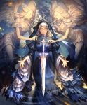  3girls angel angel_wings artist_request blonde_hair blue_eyes choker cygames expressionless frills glowing glowing_weapon habit laina_sister_of_judgment multiple_girls nun official_art puffy_sleeves shadowverse sword weapon wide_sleeves wings 