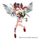  1girl angel_wings armpit_crease bangs bare_arms bare_shoulders bikini black_shirt blush breasts brown_hair cleavage closed_mouth collarbone feathered_wings flip-flops floating_hair flower food fruit full_body hair_between_eyes hair_flower hair_ornament hair_ribbon halterneck hand_up hat head_tilt holding holding_food holding_fruit holding_sword holding_weapon katana large_breasts leaning_forward leg_ribbon leg_up long_hair looking_at_viewer loose_clothes loose_shirt matsui_hiroaki navel official_art open_fly peaked_cap randgrid_(valkyrie_connect) red_bikini red_eyes red_flower red_footwear red_ribbon ribbon rope sandals shirt short_shorts shorts simple_background sleeveless sleeveless_shirt smile solo swimsuit sword twintails v-shaped_eyebrows valkyrie_connect watermark watermelon weapon white_background white_shorts wings wristband 