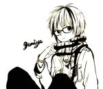  1boy :p adjusting_scarf anzu_(o6v6o) breast_pocket character_name genderswap genderswap_(ftm) glasses gumiya jacket long_sleeves looking_at_viewer male_focus monochrome pants plaid plaid_scarf pocket scarf sepia simple_background sitting solo tongue tongue_out vocaloid white_background 