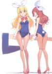  2girls aikatsu! aikatsu!_(series) akinbo_(hyouka_fuyou) axe black_leotard blonde_hair bow breasts brown_hair bunny_tail bunnysuit choker eyebrows_visible_through_hair fishnet_pantyhose fishnets full_body hair_bow high_heels highres holding holding_axe hoshimiya_ichigo leotard long_hair looking_at_viewer multiple_girls oozora_akari pantyhose pink_eyes pump red_eyes red_footwear red_neckwear shiny shiny_hair simple_background small_breasts standing strapless strapless_leotard tail very_long_hair white_background white_bow 