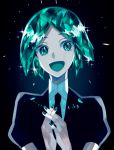  1other absurdres androgynous aqua_eyes aqua_hair colored_eyelashes crystal_hair gem_uniform_(houseki_no_kuni) green_eyes green_hair hands_clasped happy highres houseki_no_kuni looking_at_viewer necktie open_mouth own_hands_together phosphophyllite short_hair smile solo upper_body 