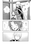  2girls antlers bell closed_eyes closed_mouth comic fa facial_mark fire_emblem fire_emblem:_fuuin_no_tsurugi fire_emblem_heroes forehead_mark fur_trim greyscale long_hair long_sleeves mamkute monochrome multiple_girls nintendo open_mouth ouzisamafe pointy_ears reindeer_antlers short_hair smile sofiya translation_request 