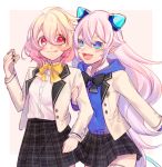  2girls blush cookie crayon demon_horns elsword food horns laby_(elsword) licking_lips locked_arms long_hair luciela_r._sourcream multiple_girls ne_(stardoll999) school_uniform smile tongue tongue_out 