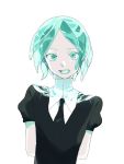  1other androgynous aqua_eyes aqua_hair arms_behind_back colored_eyelashes crystal_hair gem_uniform_(houseki_no_kuni) green_eyes green_hair houseki_no_kuni looking_at_viewer necktie open_mouth phosphophyllite short_hair smile solo upper_body white_background 